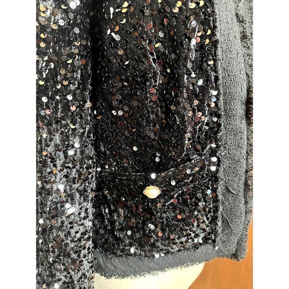 Nanette Lepore Black Sequins Velvet Pearl Buttons Open Front Jackets Women's 4 - Picture 5 of 8
